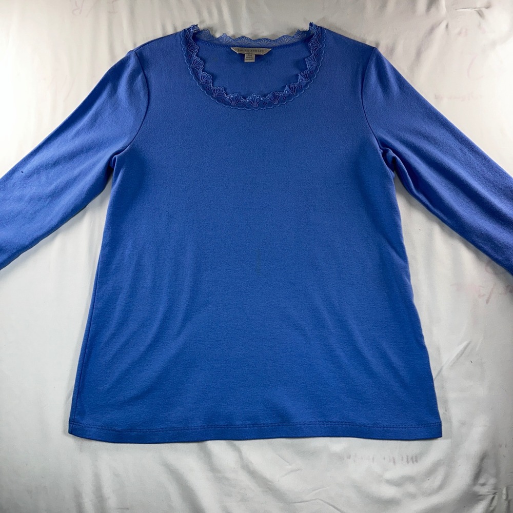Laura Ashley Womens PM Blue Lace Trim Scoop Neck 3/4 Sleeve Cotton Blend Top